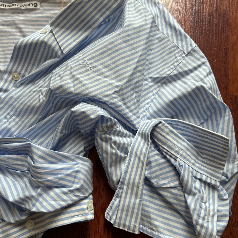SOLD! Alexander Wang Off Shoulder Asymmetric Striped Mesh Accent Poplin Top 2 - Picture 8 of 17